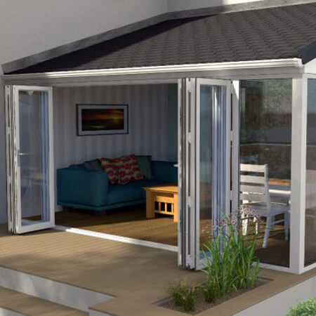 Lean-to conservatory wide open bi-folding doors looking out onto a wooden deck.