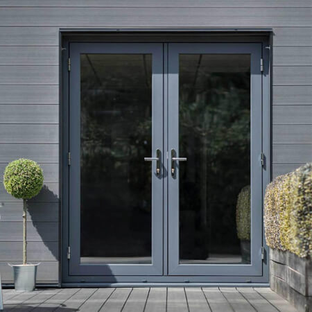 SW Plastic French Doors - beautiful grey french doors with a shrubbery pot plant next to them